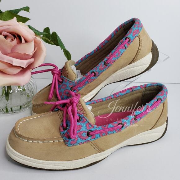 Sperry Top Slider Girls Laguna Leopard Print Boat Shoes Size 4.5M - Picture 2 of 13